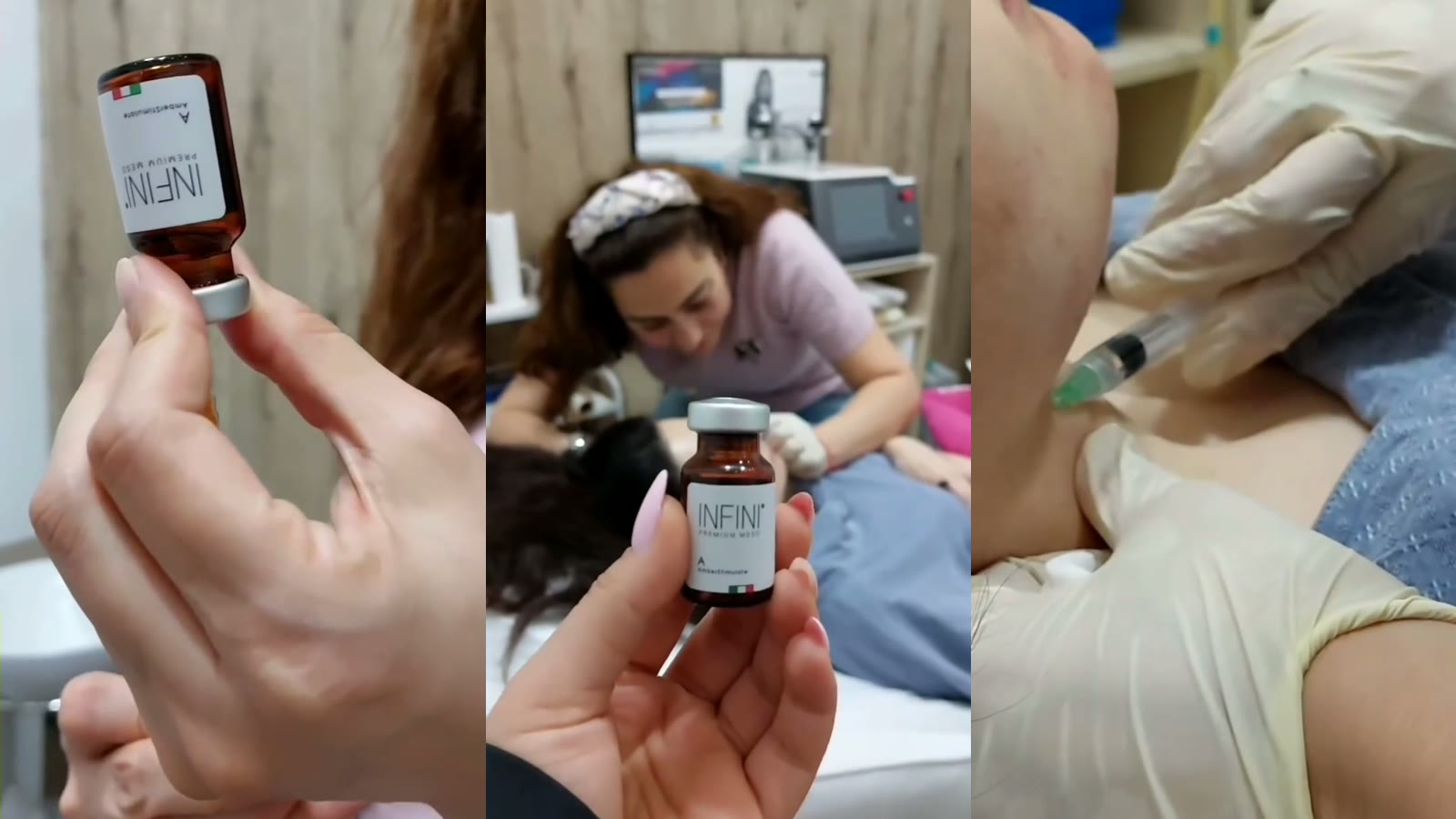 INFINI Premium Meso MESO A (Amber Stimulate) — флакон и процедура мезотерапии шеи, Paramed Баку